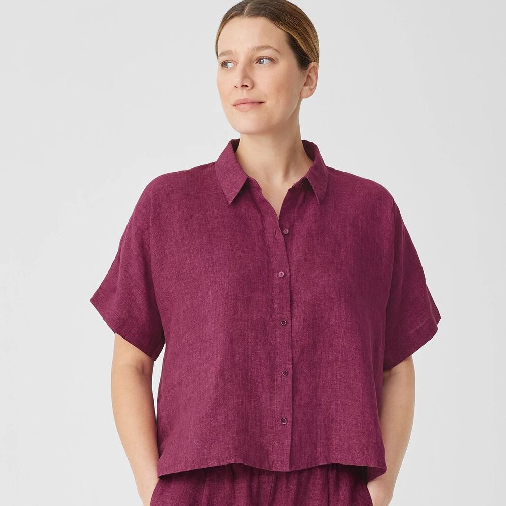 Eileen Fisher XL Washed Organic Linen Delave Short-Sleeve Shirt